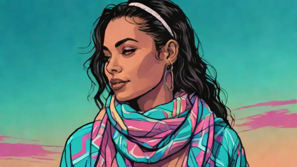 Close up of a woman wearing a silk scarf and a cozy knit sweater.