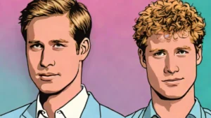 Shoulders-up portrait of two men resembling Prince William and Prince Harry with serious expressions.