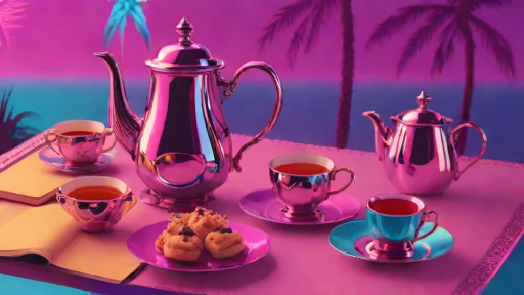 A silver tea set and scattered official documents on a dark wooden table.