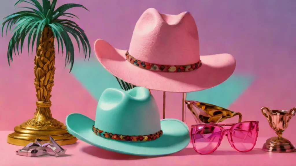 A gold award trophy next to a leather cowboy hat on a reflective surface.