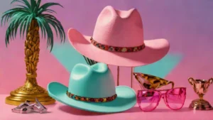 A gold award trophy next to a leather cowboy hat on a reflective surface.