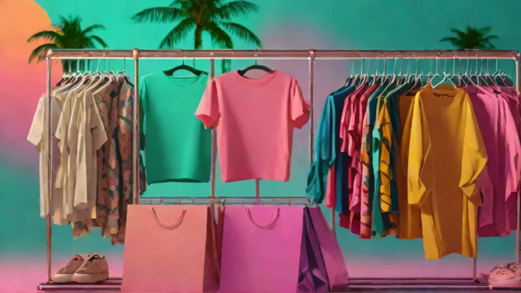 A collection of colorful clothes and shopping bags resting on a reflective surface.