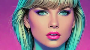 Close up portrait of Taylor Swift with elegant makeup and expressive eyes.