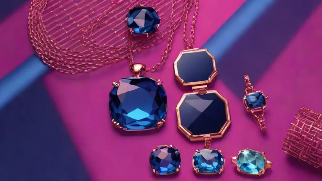 Sapphire Cartier earrings and necklace resting on glittering navy blue ruffled tulle fabric.