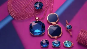 Sapphire Cartier earrings and necklace resting on glittering navy blue ruffled tulle fabric.