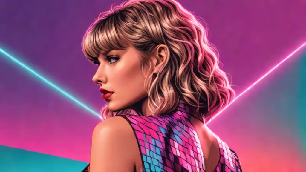 Taylor Swift looking over her shoulder at a brightly lit award ceremony stage.