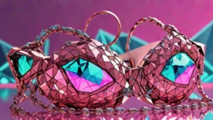 A sparkling diamond-encrusted Fantasy Bra resting on a reflective chrome surface.