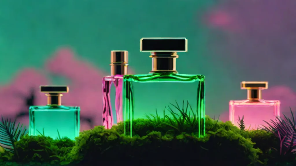 Glass perfume bottles resting on green moss and dark wood in a misty forest setting.