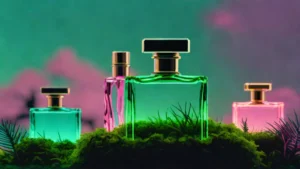 Glass perfume bottles resting on green moss and dark wood in a misty forest setting.